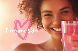 Love Your Skin Woman Smiling Drinking Strawberry and Lime Collagen Drink
